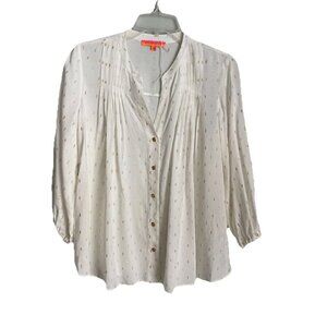 Vilagallo Ivory Metallic Dot V-Neck 3/4 Sleeve Button Front Top Size 40,